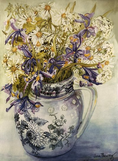 Iris, Chrysanthemums and Carnations in a Copeland Jug by Joan Thewsey
